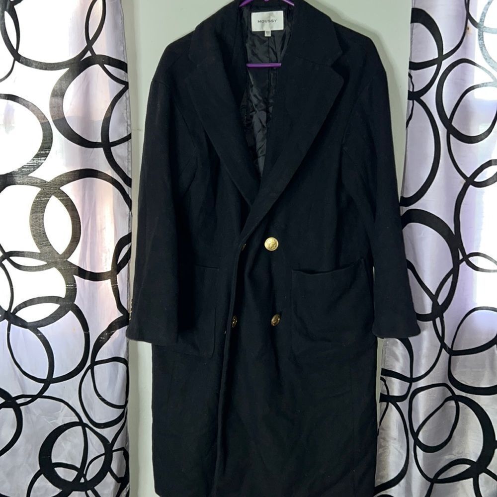 Moussy Vintage Black Trench Overcoat Size Small with Nautical Gold Buttons